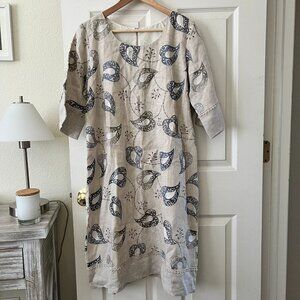 Linen 💚 Embroidered Midi Dress L Beige Blue Paisley Lace Trim Colombia Boutique